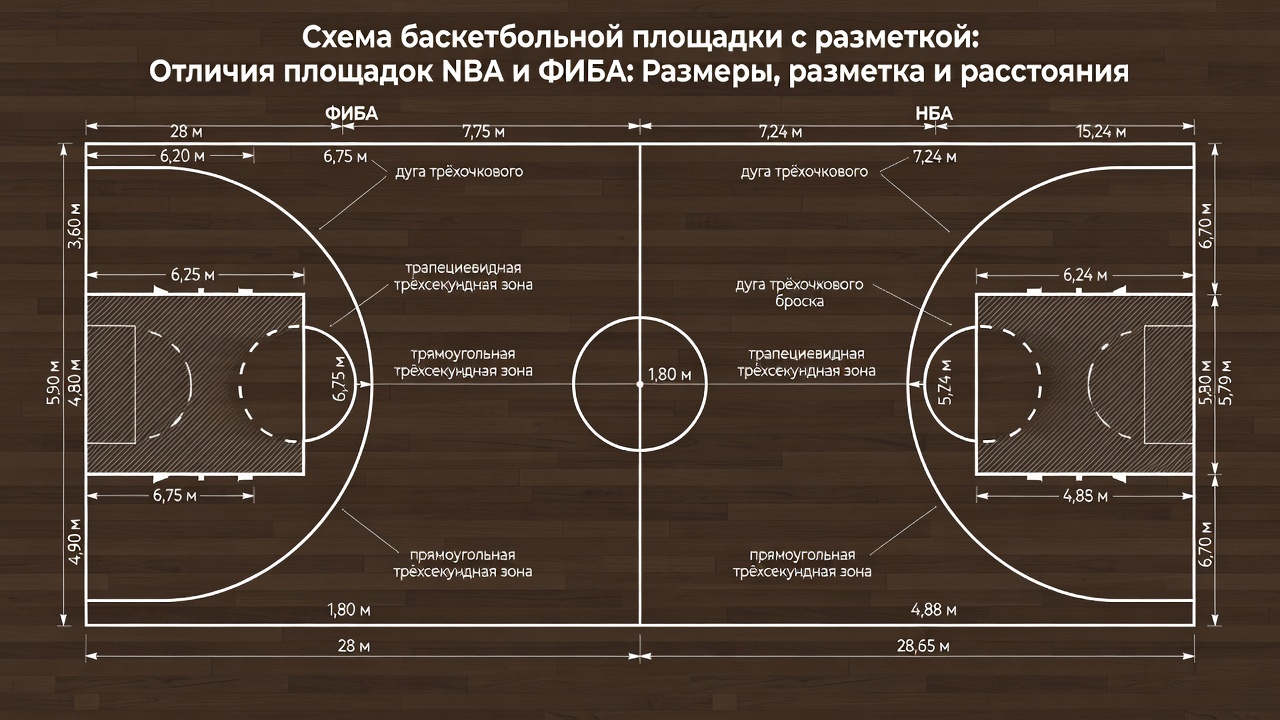 Схема баскетбольной площадки с разметкой: Отличия площадок NBA и ФИБА: Размеры, разметка и расстояния