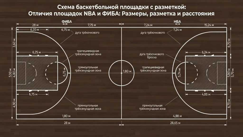 Схема баскетбольной площадки с разметкой: Отличия площадок NBA и ФИБА: Размеры, разметка и расстояния